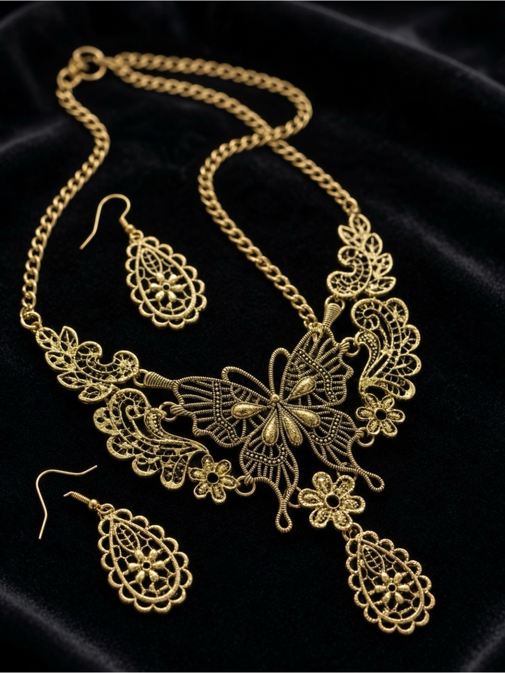 Gold Filigree Butterfly Statement Necklace with Matching Earrings